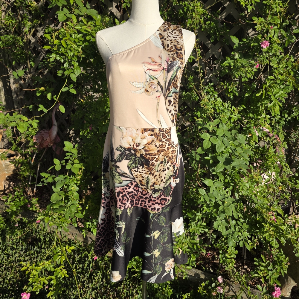 VENUS One-Shoulder Blush Floral & Leopard Asymmetrical Dress side zip Womens S